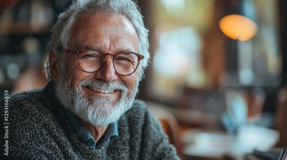 Poster thoughtful man with a beard and glasses posing for a portrait in a casual setting reflecting intelle