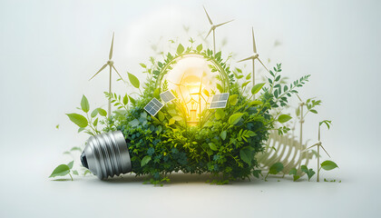 A glowing light bulb with nature, solar panels, and wind turbines inside, representing clean and renewable energy on a white background.