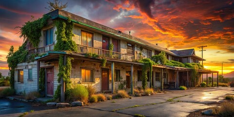 Naklejka premium Eerie Abandoned Motel: Overgrown and Decaying Building, Rustic Americana
