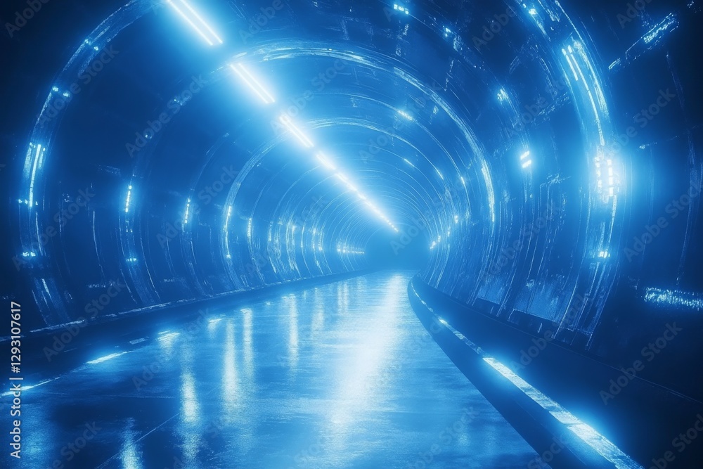 Poster mysterious illuminated tunnel with blue lights and smooth reflective surface in an underground setti