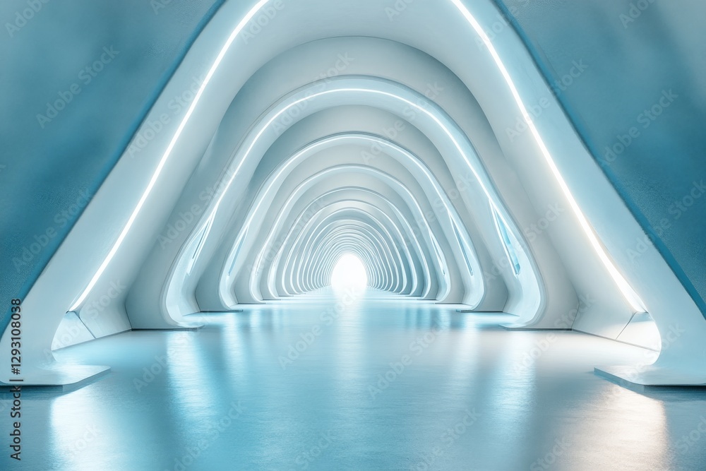Poster futuristic corridor with curved architecture and bright light at the end creates an inviting atmosph
