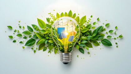 A glowing light bulb with nature, solar panels, and wind turbines inside, representing clean and renewable energy on a white background.