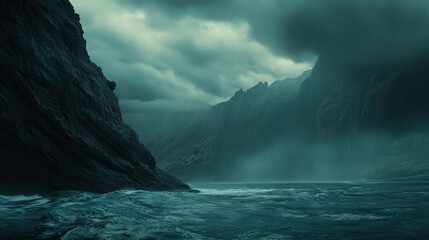 Naklejka premium Stormy Cliffs Overlooking Moody Sea Under Dark Sky