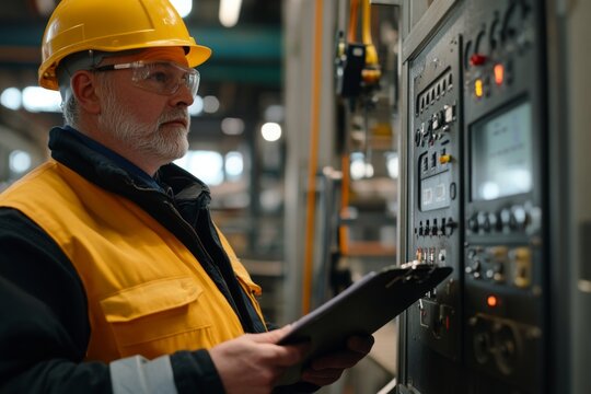 man worker in safety jacket and hard hat, holding clipboard while looking at the control panel of machine on production line 