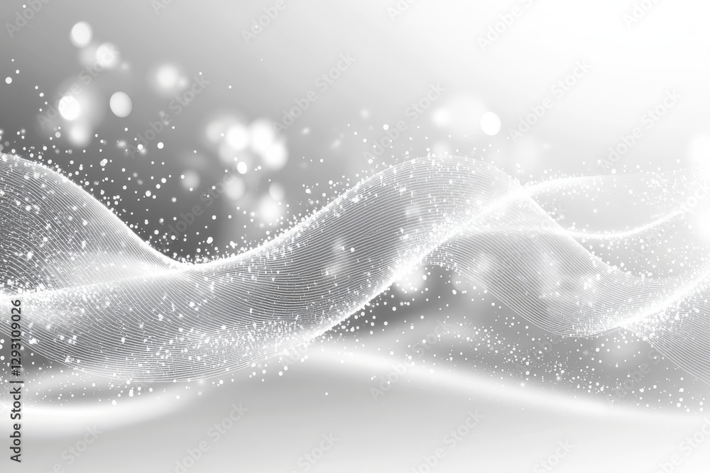 Poster abstract representation of flowing light and sparkles in a soft gray background during a tranquil mo