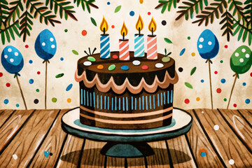 birthday cake with candles on funny background cartoon illustration