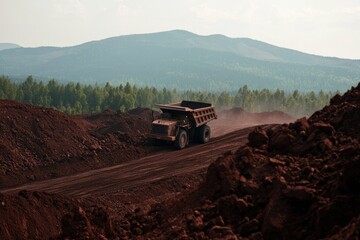 Naklejka premium Mining truck hauls ore on a mountain road