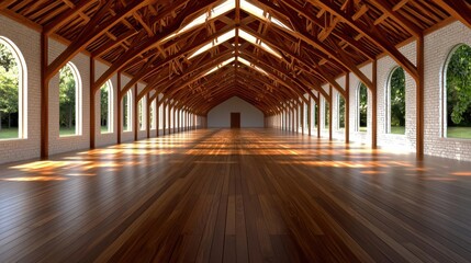 Fototapeta premium Spacious wooden interior with high ceiling and large windows, natural light streaming in.