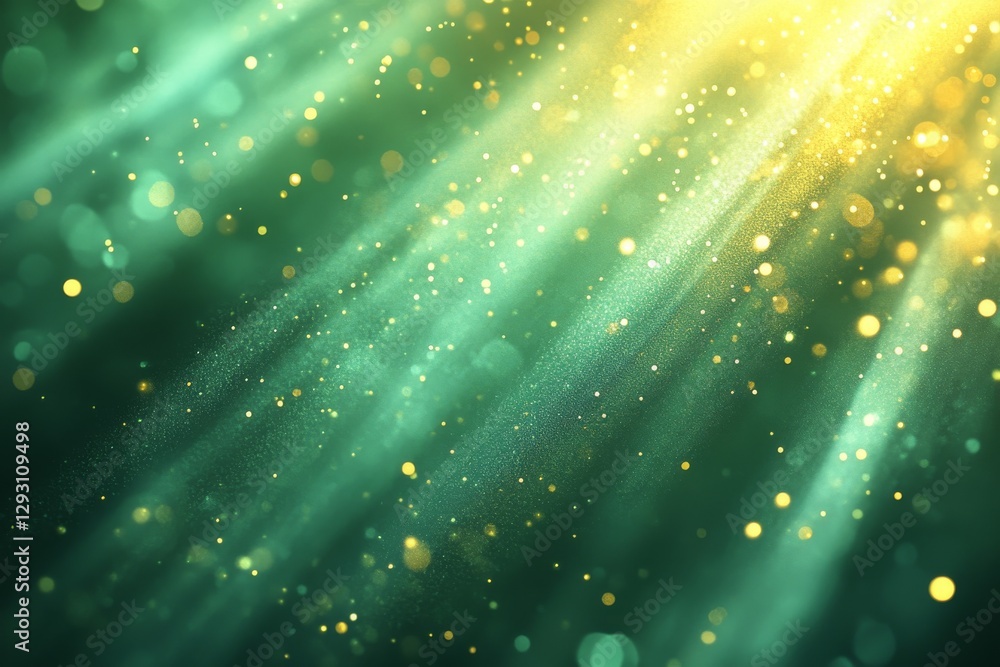 Poster light rays create shimmering bokeh effect with green and golden colors in a mystical atmosphere