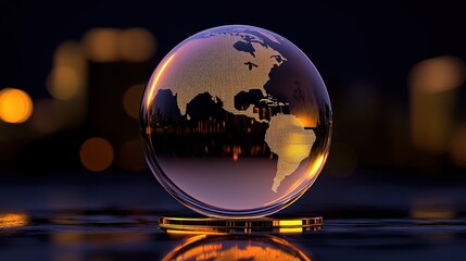 A crystal globe reflecting city lights, symbolizing global connection and innovation.