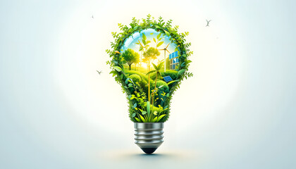 A glowing light bulb with nature, solar panels, and wind turbines inside, representing clean and renewable energy on a white background.