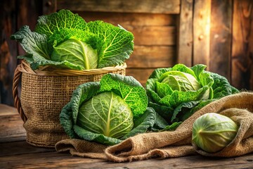Fresh Cabbages in Basket and Bag - Farm Market Produce