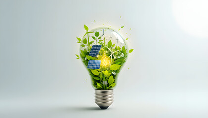A glowing light bulb with nature, solar panels, and wind turbines inside, representing clean and renewable energy on a white background.