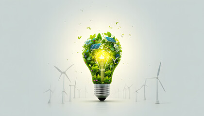 A glowing light bulb with nature, solar panels, and wind turbines inside, representing clean and renewable energy on a white background.
