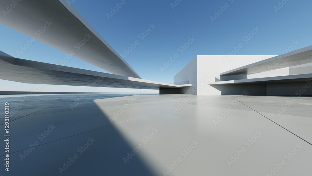 Poster 3d render of abstract modern concrete architecture with empty cement floor, minimal exterior, car pr