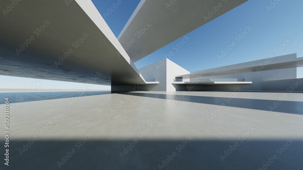 Poster 3d render of abstract modern concrete architecture with empty cement floor, minimal exterior, car pr