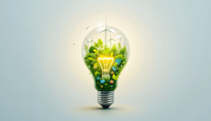 A glowing light bulb with nature, solar panels, and wind turbines inside, representing clean and renewable energy on a white background.