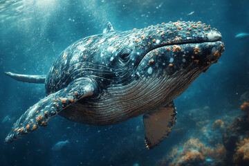 Fototapeta premium Majestic Humpback Whale Drifting Gently Through the Azure Depths