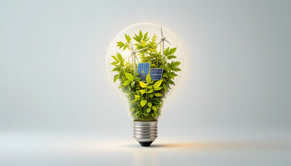 A glowing light bulb with nature, solar panels, and wind turbines inside, representing clean and renewable energy on a white background.
