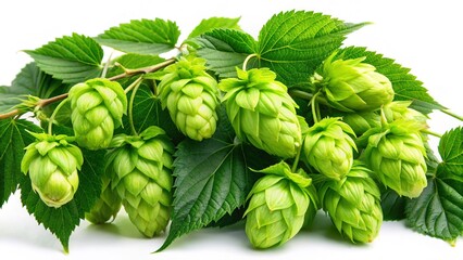 Fresh Green Hop Branches with Leaves Isolated on White Background - Spring Stock Photo