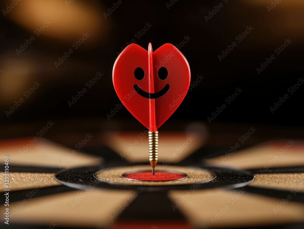 Poster a dart with a smiling heart tip hits the bullseye, symbolizing fun and success.