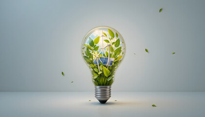 A glowing light bulb with nature, solar panels, and wind turbines inside, representing clean and renewable energy on a white background.