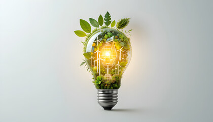 A glowing light bulb with nature, solar panels, and wind turbines inside, representing clean and renewable energy on a white background.