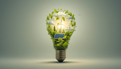A glowing light bulb with nature, solar panels, and wind turbines inside, representing clean and renewable energy on a white background.
