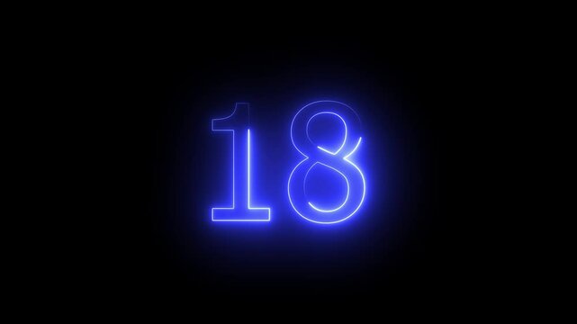 Glowing color looping trendy glowing neon numeric number 18.Glowing neon number 18.Educational mathematics 18 animation.