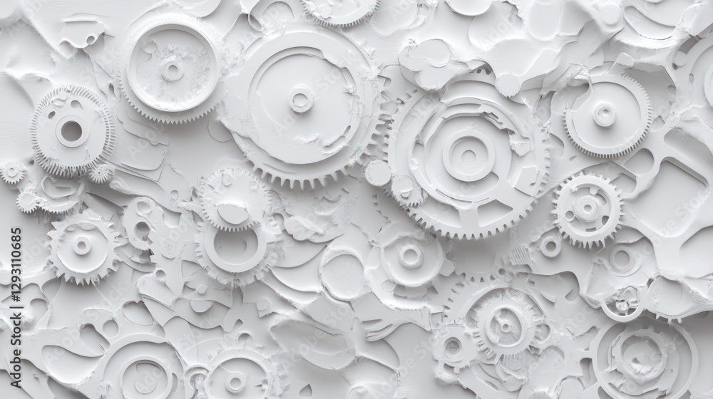 Poster abstract white gears and cogs mechanism. complex interconnected machine parts in a flat lay design.