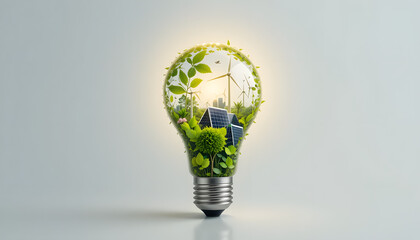 A glowing light bulb with nature, solar panels, and wind turbines inside, representing clean and renewable energy on a white background.