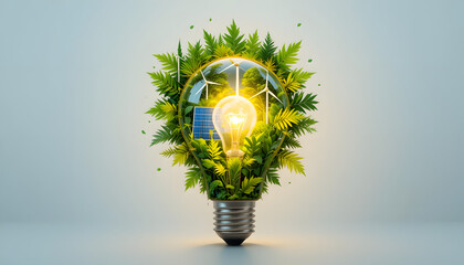 A glowing light bulb with nature, solar panels, and wind turbines inside, representing clean and renewable energy on a white background.