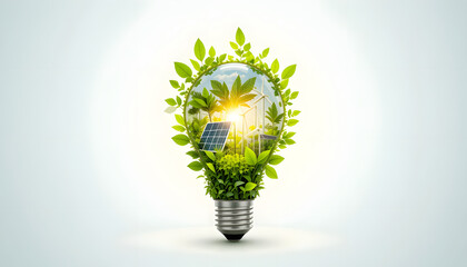 A glowing light bulb with nature, solar panels, and wind turbines inside, representing clean and renewable energy on a white background.