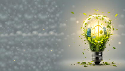 A glowing light bulb with nature, solar panels, and wind turbines inside, representing clean and renewable energy on a white background.