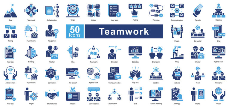 Teamwork icon set in Two Color style, representing collaboration, communication, remote work, and leadership. Perfect for business, project management, and corporate environments.