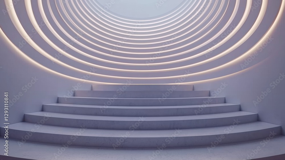 Poster a modern staircase featuring smooth, curving lines and soft lighting, creating a serene and inviting