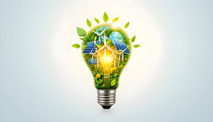 A glowing light bulb with nature, solar panels, and wind turbines inside, representing clean and renewable energy on a white background.