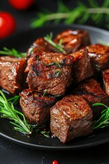 Grilled Steak Bites with Rosemary on Black Plate