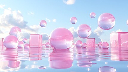 Pink spheres and cubes float on calm water under a cloudy sky; perfect for dreamy, serene backgrounds