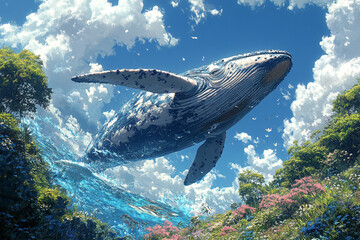 Naklejka premium Majestic Whale Ascending from Crystalline Waters into a Floral Paradise