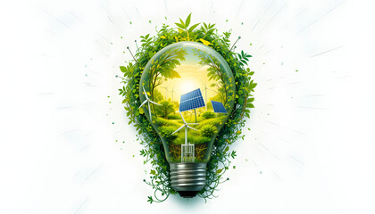 A glowing light bulb with nature, solar panels, and wind turbines inside, representing clean and renewable energy on a white background.