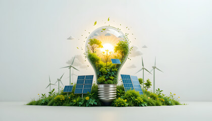 A glowing light bulb with nature, solar panels, and wind turbines inside, representing clean and renewable energy on a white background.