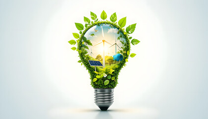 A glowing light bulb with nature, solar panels, and wind turbines inside, representing clean and renewable energy on a white background.