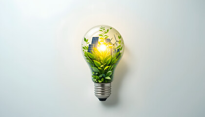 A glowing light bulb with nature, solar panels, and wind turbines inside, representing clean and renewable energy on a white background.