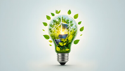 A glowing light bulb with nature, solar panels, and wind turbines inside, representing clean and renewable energy on a white background.