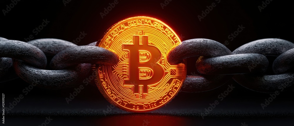 Poster a digital bitcoin symbol linked with a chain, representing cryptocurrency and innovation.