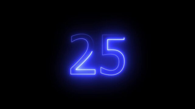 Glowing color looping trendy glowing neon numeric number 25.Glowing neon number 25.Educational mathematics 25 animation.