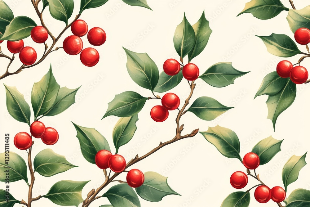 Poster vibrant holly branches with red berries on a soft cream background in a decorative pattern suitable 