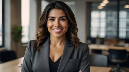 Fototapeta premium portrait of a businesswoman, Portrait of young Hispanic professional business woman standing in office. Happy female company executive, smiling business woman entrepreneur corporate leader manager loo