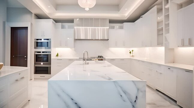 A spacious modern white kitchen with gleaming marble countertops, sleek stainless steel appliances, and soft under-cabinet lighting